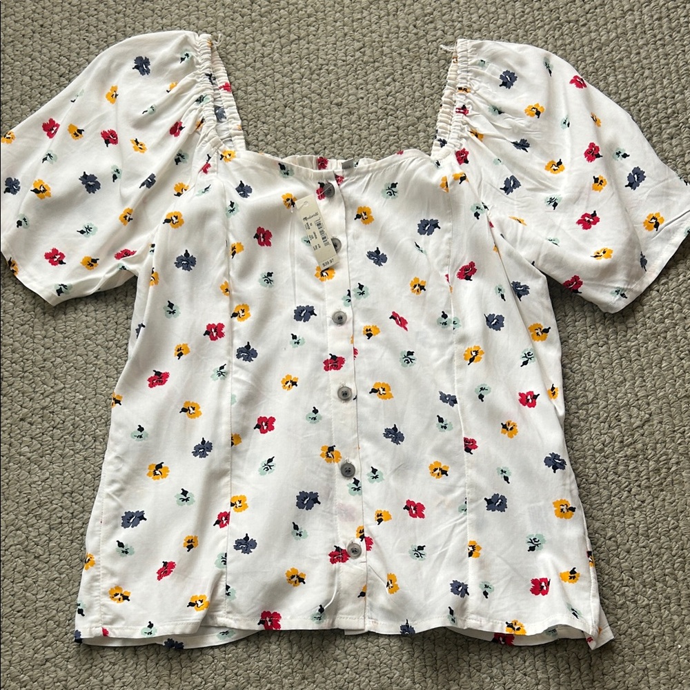 Madewell White Floral Puff Sleeve Blouse